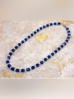 Blue glass bead necklace with small white pearl beads, fashion blue jewelry  New